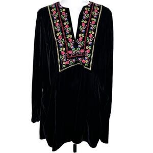 Free People Dress Velvet Cross Stitch Embroidered Long Sleeve Black Multi Sz‎ S